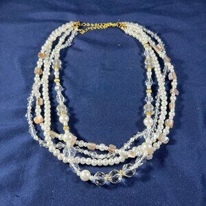 Vintage Multi-Strand Faux Pearl & Crystal Beaded Necklace With Gold Accents
